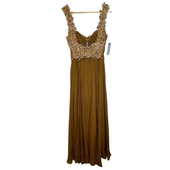 Mandalay Dresses & Skirts - NWT Mandalay Brown Gold Lace Beaded Embellished Long Evening Gown Dress Size 6